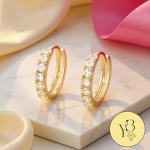 10K gold Pair hoop earrings and Piercings, Daith Conch Piercing, Helix Piercing, small huggie earrings with Crystal Zirconia gifts