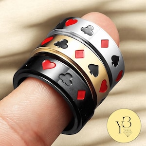 Stainless Steel Poker Spinner Ring, Playing Cards Ace Spades Hearts Clubs, Diamond Band Fidget Ring Gift for Men Women Casino Jewelry