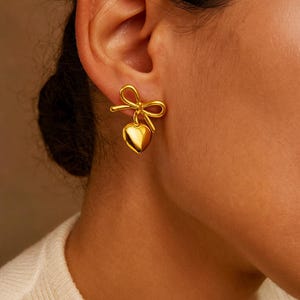 Dainty Gold Heart Bowknot Stud Earrings, Waterproof Stainless Steel Bow Heart Earrings Gift for Women, Bowknot Jewelry