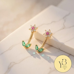 14G Flower Curved Barbell Green Leaf Cartilage Earring, Eyebrow Flower Ring, Rook Barbell Piercing, Eyebrow Jewelry gift for her