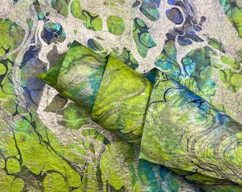 Hand Marbled Mulberry Paper Sheet: Green, Gold & Blue Milano Momigami Washi