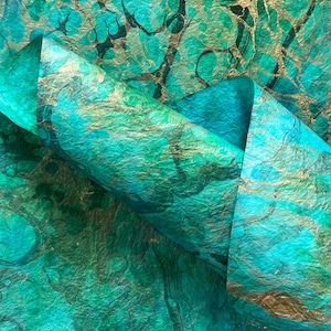Hand Marbled Mulberry Paper Sheets of Milano Momigami Washi | Turquoise Hues & Gold Rivers | Handmade Thai Paper - 60x90cm 40gsm