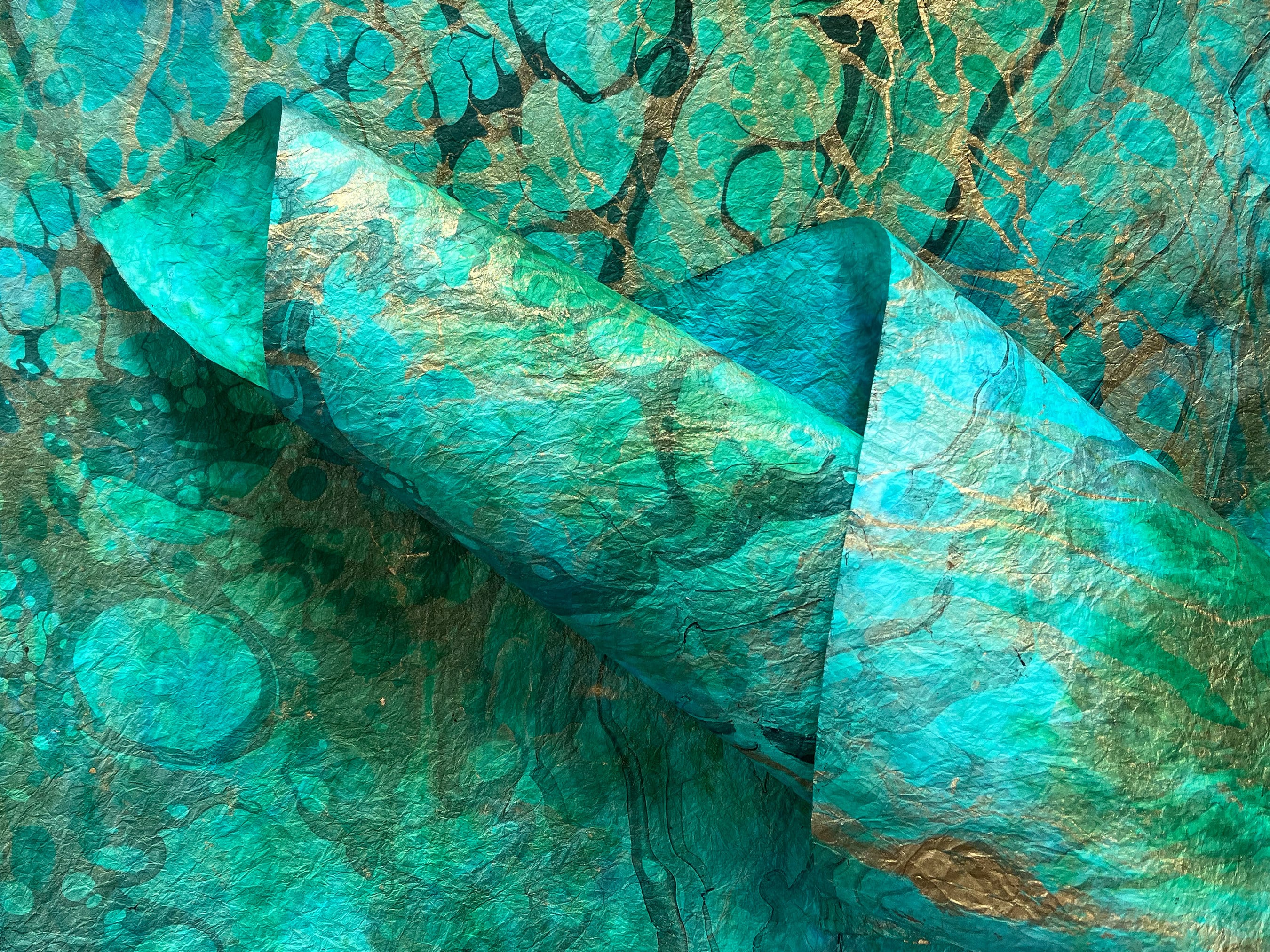 Hand Marbled Mulberry Washi Paper: Turquoise, Teal & Gold Large Sheets 40gsm