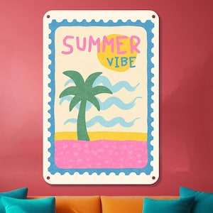 Summer Vibe Aluminum Sign, Retro Beach Metal Sign with Palm Tree & Waves, Cute Tropical Wall Decor for Patio, Pool, or Beach House Decor
