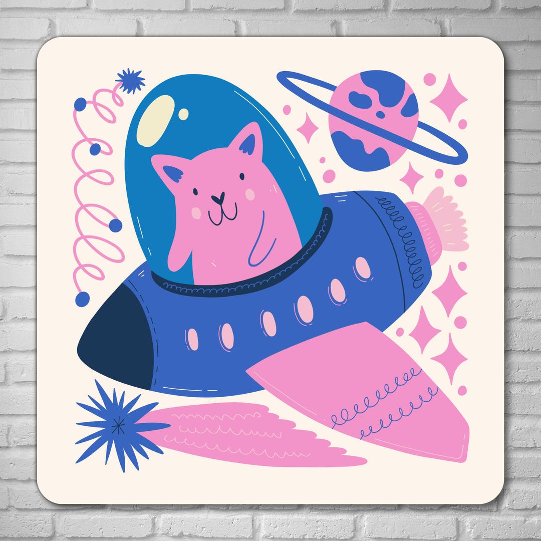 Space Cat Aluminum Sign – Pink Rocket Wall Art Plaque for Kids Galaxy ...
