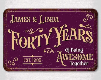 Letrero personalizado para el 40 aniversario: decoración de pared de metal personalizada con el nombre de la pareja y la fecha de fundación.