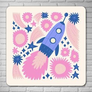 Rocket Ship Aluminum Sign – Pastel Space Wall Art Plaque for Kids Galaxy Nursery, Bedroom