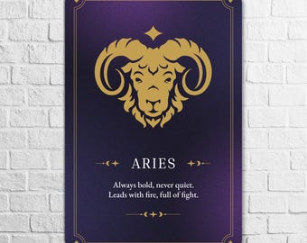 Signo zodiacal de Aries en aluminio – Arte de pared con horóscopo, gráfico de carnero y cita para decoración astrológica