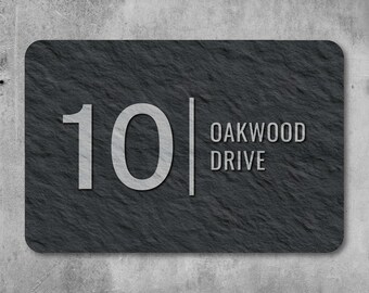 Custom House Number Aluminum Sign, Modern Address Plaque, Slate Look Outdoor Metal Wall Decor