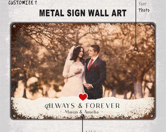 May include: A rustic metal sign with a faded white background and a distressed brown border. The sign features a photo of a couple in front of a wooded background. The text "ALWAYS & FOREVER - Mason & Amelia -" is printed in black below the photo.
