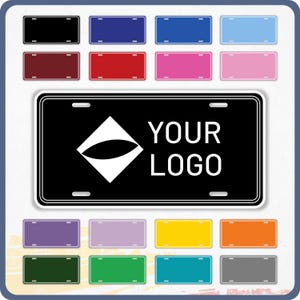 May include: A customizable license plate with a black background and white text that says "YOUR LOGO". The plate has a white diamond shape with a curved line inside. The plate is shown in a variety of colors, including black, red, blue, pink, purple, green, yellow, and orange.