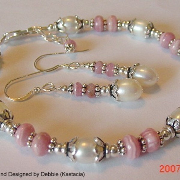 Sterling Silver Rhodochrosite and Freshwater Pearl Bracelet and Earring Set