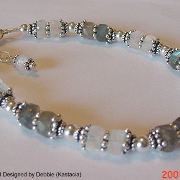 Genuine Labradorite and Moonstone Sterling Silver Adjustable Bracelet