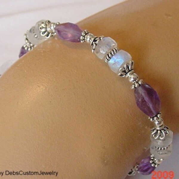 Genuine Amethyst and Moonstone Sterling\/Bali Silver Bracelet