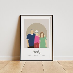 May include: A framed illustration of a family of three. The illustration is in a minimalist style with a beige background and a brown circle behind the figures. The figures are a man, a woman, and a woman. The man is wearing a blue shirt and black trousers. The older woman is wearing a pink shirt and red trousers. The younger woman is wearing a green dress. The text "Family" is printed below the figures, with the names "Paul", "Karen", and "Clara" printed below the text.