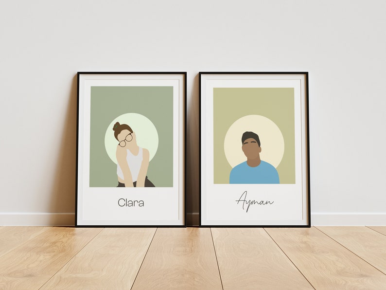 May include: Two framed illustrations of people, one with a woman with brown hair wearing glasses and a white shirt, and the other with a man with brown skin wearing a blue shirt. The woman's illustration is labelled "Clara" and the man's illustration is labelled "Ayman".