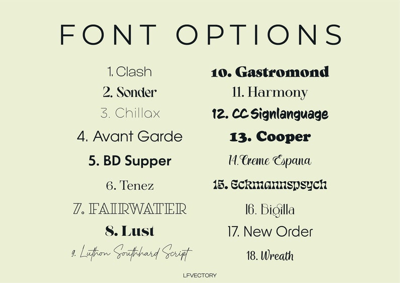 May include: A list of 18 different font names, numbered 1 through 18. The font names are in various styles and sizes.
