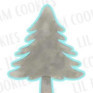 以下が含まれることがあります： 水彩画風のグレーのクリスマスツリーのクッキー型で、水色の輪郭があります。ツリーはシンプルで様式化されたデザインで、クリスマスの焼き菓子に最適です。画像は白い背景に設定されています。
