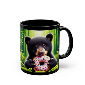 Cute Black Bear Mug Ceramic 11oz, 15oz, Black Bear Coffee Mug Cup, Gift for Bear Lovers, Baby Black Bear Cub Bears and Donuts Nature Camping