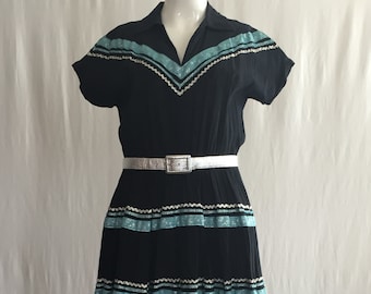 1950's Black Crepe Square Dance Dress