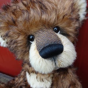May include: A close-up of a brown and white teddy bear with a black nose and brown eyes. The bear has a white collar and is looking directly at the camera.