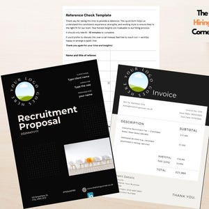Puede incluir: Propuesta de reclutamiento y factura en blanco y negro con un logotipo verde que dice "Your Logo Goes Here". La factura tiene un subtotal de 17.000 £ y un total de 21.800 £.