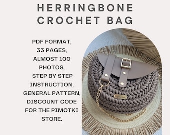 Handmade crochet bag with leather flap, herringbone stitch bag, step by step crochet scheme, DIY instructions, semi-circular shoulder bag