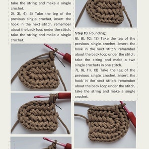 May include: A page from a crochet instruction manual. The image shows close-up photos of a crochet project in progress, with text instructions. The crochet work is a light brown colour, and the hook is red.