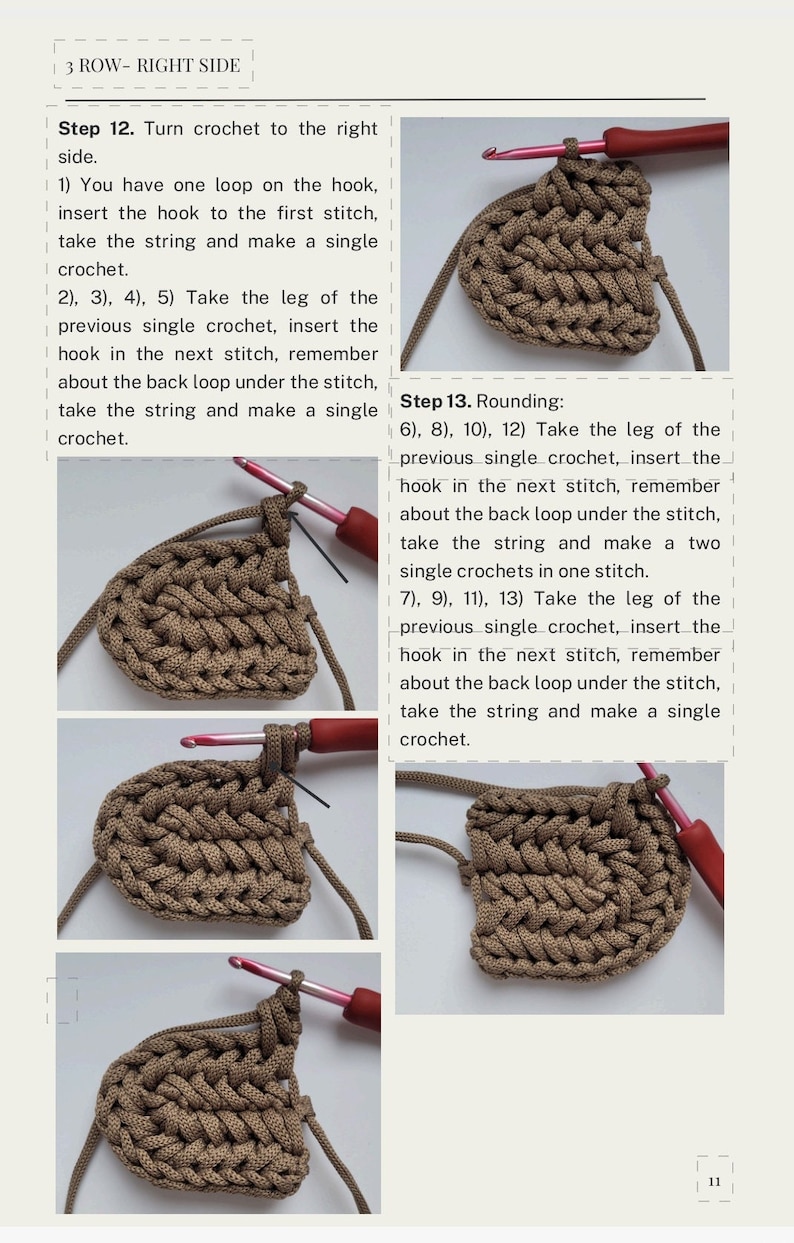 May include: A page from a crochet instruction manual. The image shows close-up photos of a crochet project in progress, with text instructions. The crochet work is a light brown colour, and the hook is red.