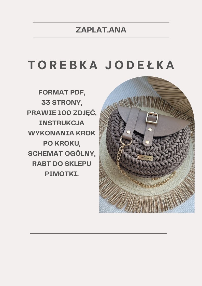 May include: A brown crocheted tote bag with a leather flap and a gold chain strap. The bag is sitting on a woven mat with fringe. The text "ZAPLAT.ANA" is visible on the bag.