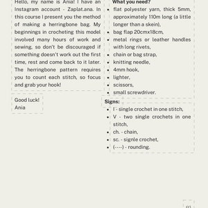 May include: A guide with text explaining how to crochet a herringbone bag. It lists materials like yarn, a 4mm hook, and scissors. Crochet signs and instructions are also included to help with the project.