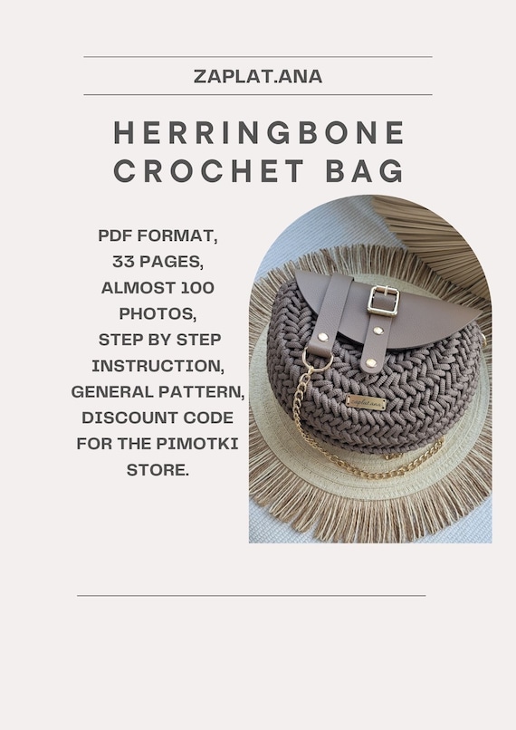 Handmade crochet bag with leather flap, herringbone stitch bag, step by step crochet scheme, DIY instructions, semi-circular shoulder bag