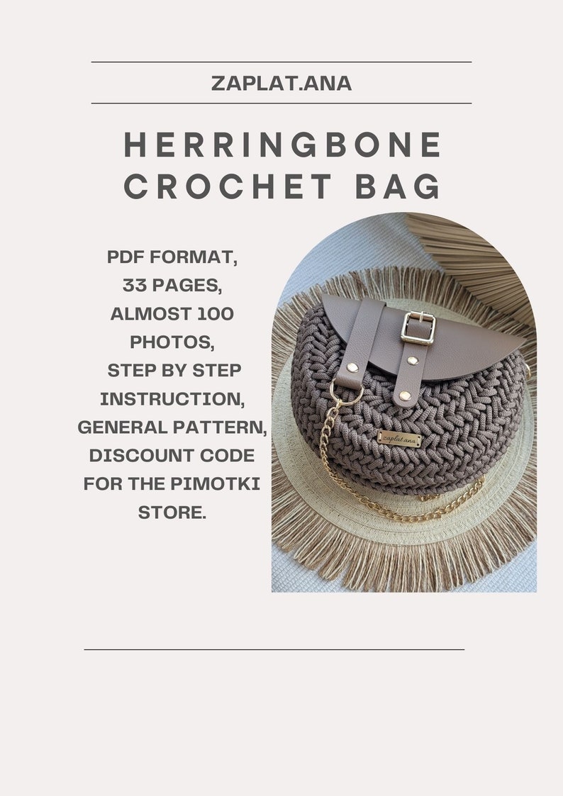 May include: A brown herringbone crochet bag with a flap closure and gold-coloured hardware. The bag has a chain strap and a small tag. The text on the image reads "HERRINGBONE CROCHET BAG".