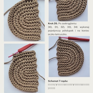 May include: Crochet instructions for a brown crocheted half-circle with a pink crochet hook. The instructions include steps for creating a single crochet, double crochet, and chain stitches. The instructions also include a diagram of the stitches.