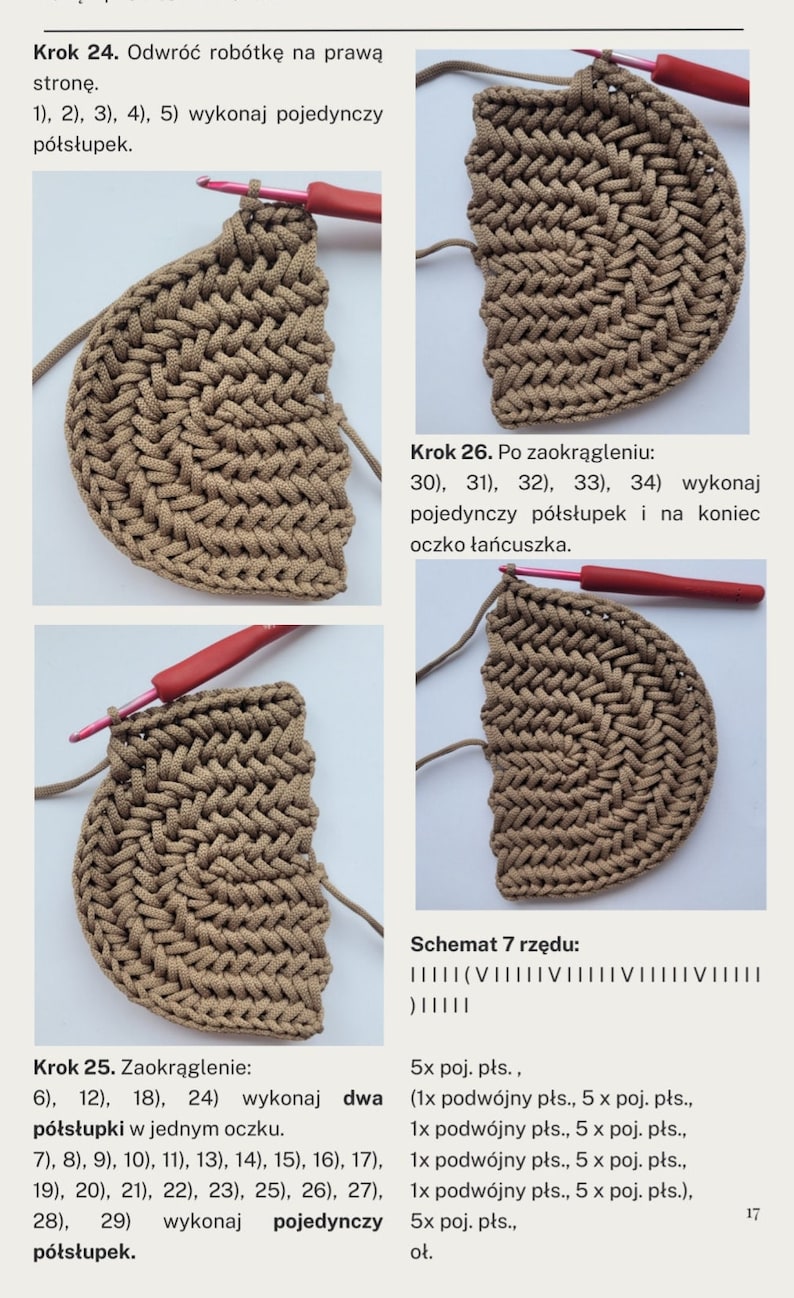 May include: Crochet instructions for a brown crocheted half-circle with a pink crochet hook. The instructions include steps for creating a single crochet, double crochet, and chain stitches. The instructions also include a diagram of the stitches.
