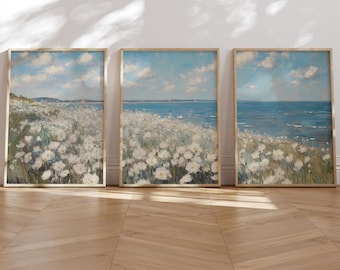 Coastal Wildflower Set of 3 Prints Vintage Beach Floral Art Summer Wall Art Pastel Seascape Decor Digital Download Ocean Inspired Home