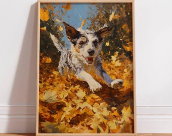 May include: A framed wall art print featuring an oil painting of a white and brown terrier-mix dog running through a pile of vibrant yellow and orange autumn leaves. The dog has an open mouth and is set against a backdrop of blue sky.