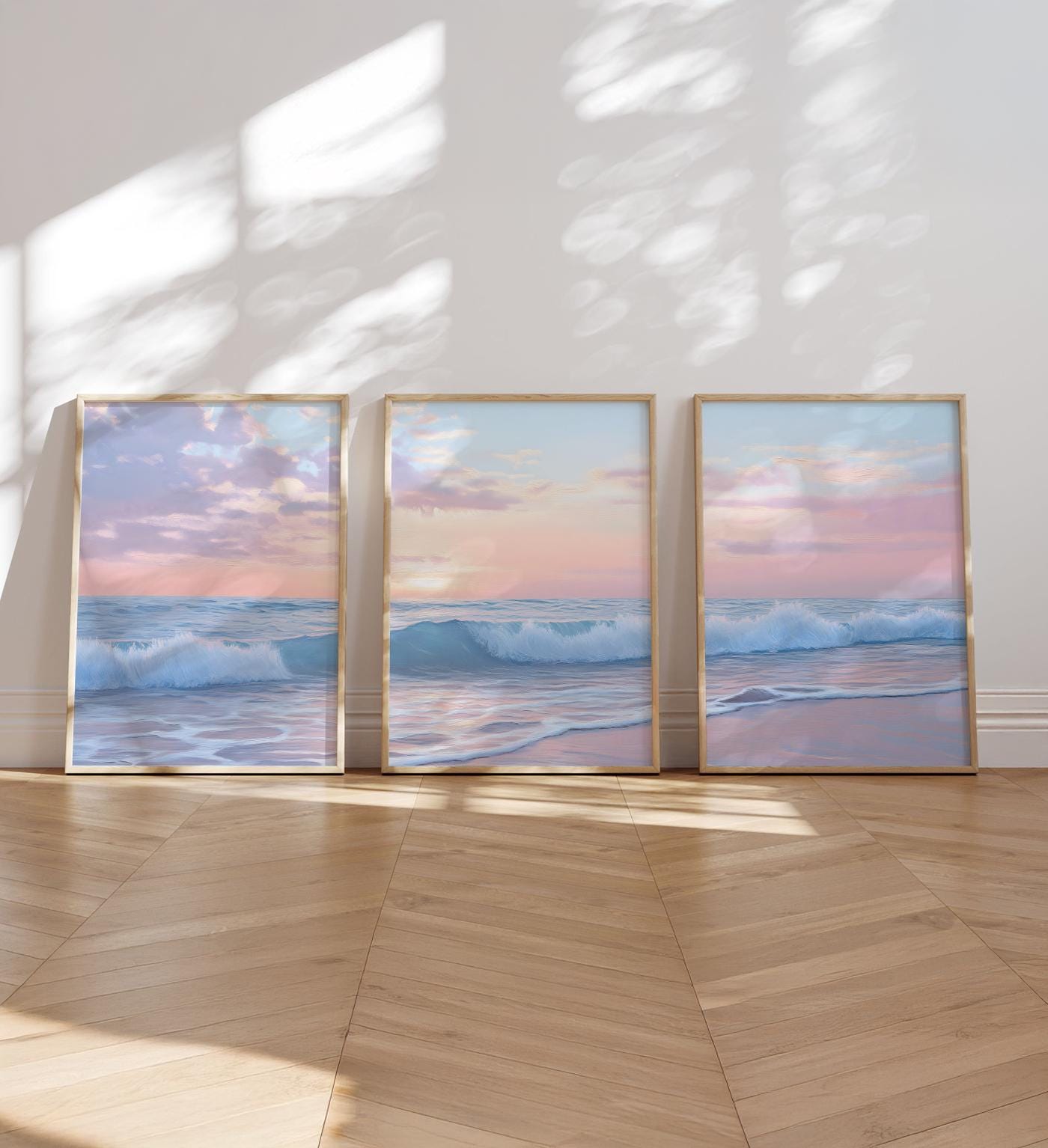 Pastel Beach Scene Wall Art Set of 3 Serene Ocean Waves and Pink Blue Sky Coastal Printable Decor for Calm Summer Vibes Instant Digital