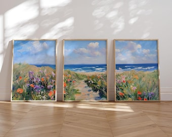 Seaside Wildflower Prints Vintage Coastal Art Summer Wall Decor Set of 3 Ocean Beach Scene Digital Download Printable Artwork Home Decor