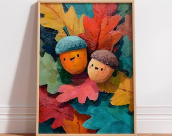 Smiling Acorns Digital Print Autumn Leaves Playful Fall Nature Cute Woodland Decor Printable Seasonal Wall Art Whimsical Nursery Download