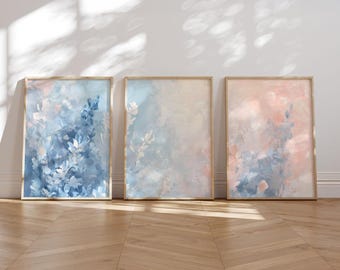Pastel Sea Plant Set of 3 Wall Art Coastal Botanical Digital Prints Pink Blue Abstract Ocean Flowers Coastal Home Decor Printable Artwork