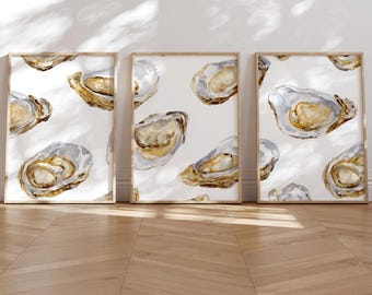 Oyster Wall Art Set of 3 Pastel Coastal Kitchen Prints Light Blue Neutral Shell Digital Download for Coastal Home Nautical Bathroom