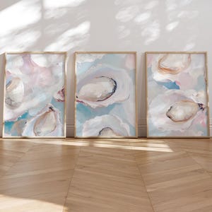 Oyster Wall Art Set of 3 Pastel Coastal Kitchen Prints Light Blue Neutral Shell Digital Decor for Beach House Dining Room Seaside Artwork