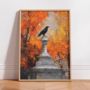 Autumn Crow Digital Print Impressionist Fall Bird Painting Vibrant Foliage Wall Art Moody Seasonal Decor Raven Printable Artwork