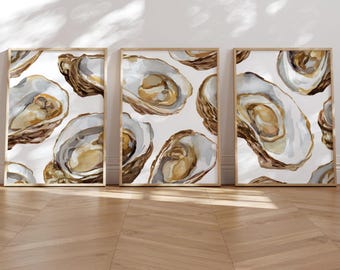 Oyster Wall Art Set of 3 Pastel Coastal Kitchen Prints Golden Beige Neutral Shell Digital Download for Bathroom Bedroom Dining Room