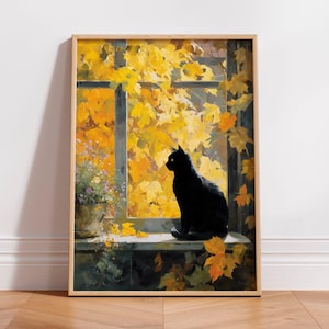 Black Cat Autumn Window Digital Print Cozy Fall Scene with Yellow Orange Leaves Floral Vase Printable Wall Art Seasonal Autumn Decor