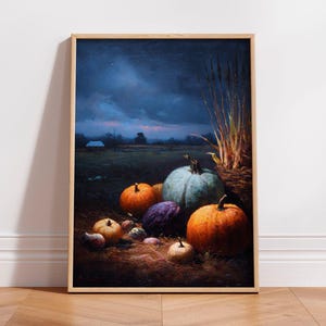 Autumn Harvest Still Life Digital Print Pumpkin Gourds Corn Rustic Fall Abundance Moody Landscape Seasonal Wall Art Printable Download