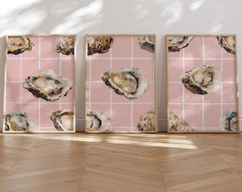Oyster Wall Art Set of 3 Pastel Coastal Kitchen Prints Light Blue Neutral Shell Digital Download Minimalist Sea Shell Art for Living Room
