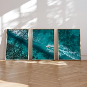 Surfer Art Print Set of 3 Aerial Ocean Waves Minimalist Beach Surfboard Wall Decor Turquoise Sea Coastal Digital Download Printable Artwork