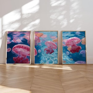Jellyfish Set of 3 Prints Vibrant Pink and Purple Ocean Art Ethereal Underwater Scene Coastal Marine Wall Decor Digital Download Sea Life
